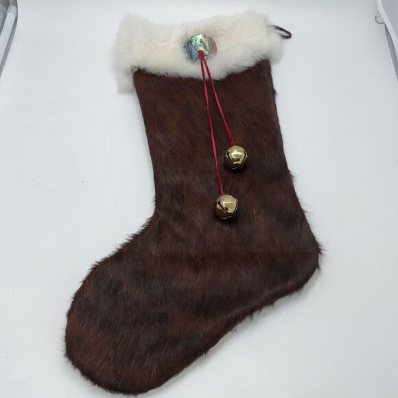 Handmade Cowhide Brown Christmas Stocking Rabbit Fur 20" Western Cowgirl Boho - Picture 9 of 10